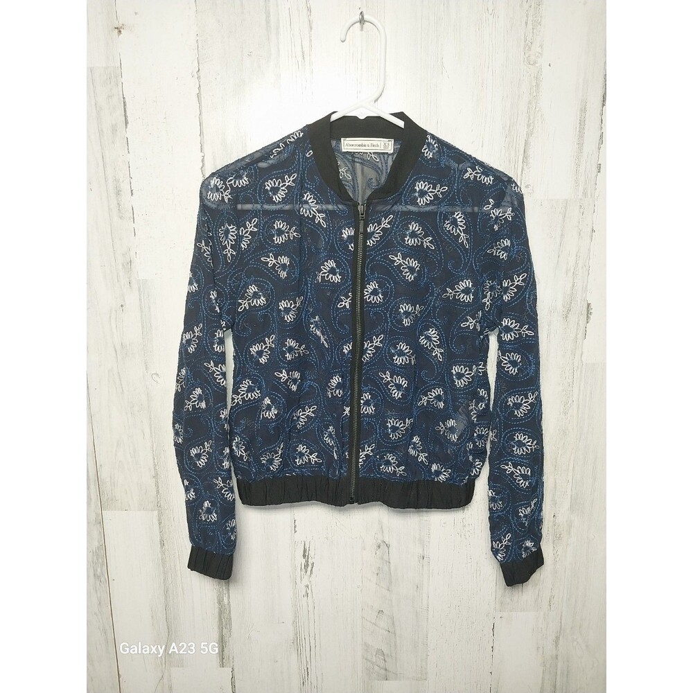 Abercrombie & Fitch Womens Crop Varsity Jacket Size XS Blue Sheer Embroidered